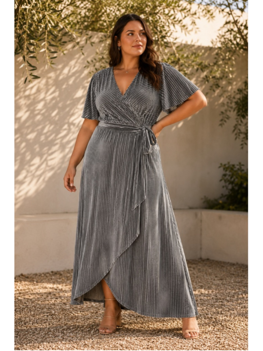 Baltic Born Ribbed Velvet‎ Wrap Maxi Dress Gray XXXL Flutter Sleeve Formal